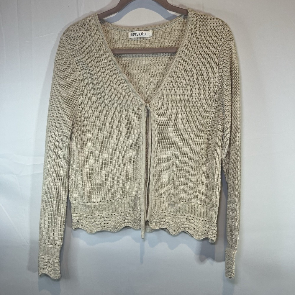 Grace Karin Tie Front Brown Tan Open Cardigan‎ Sweater Size Medium Med Cream
